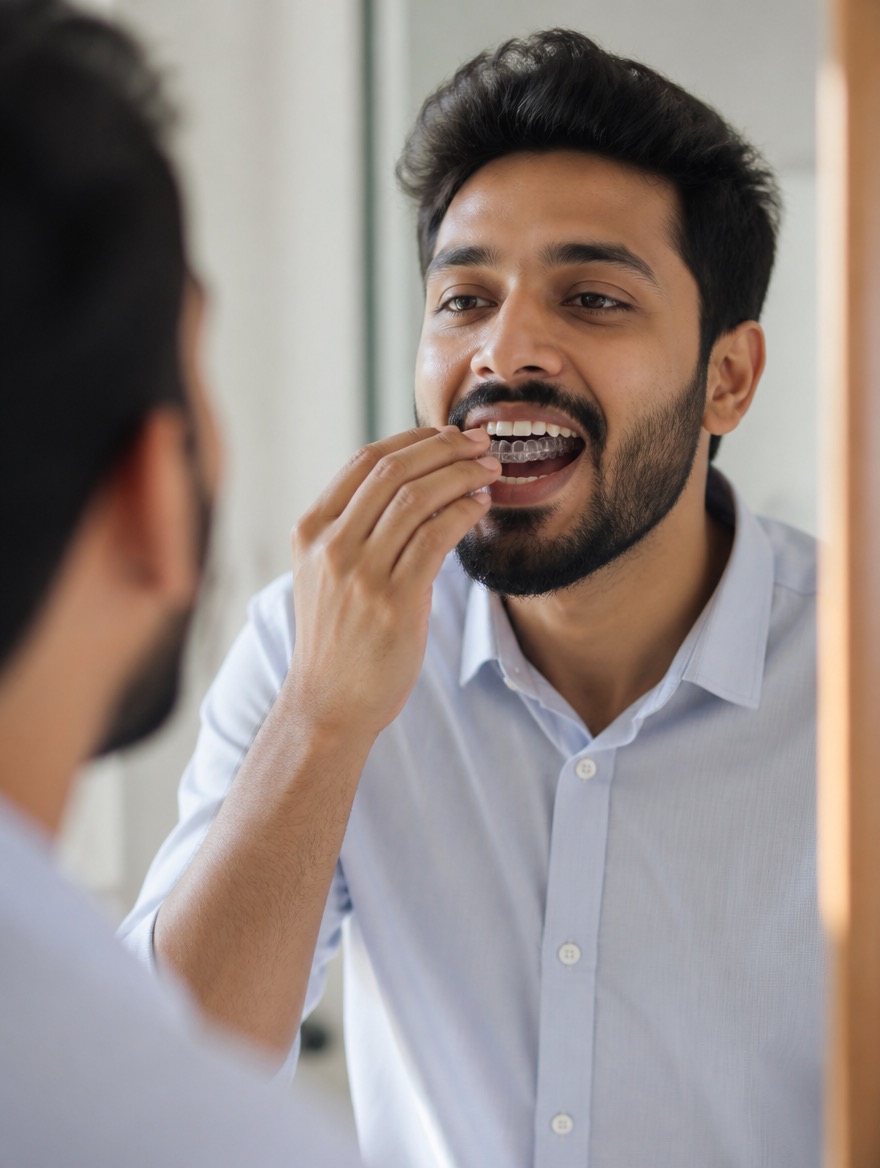 A man seating a transparent aligner tray onto his upper teeth with his fingertips