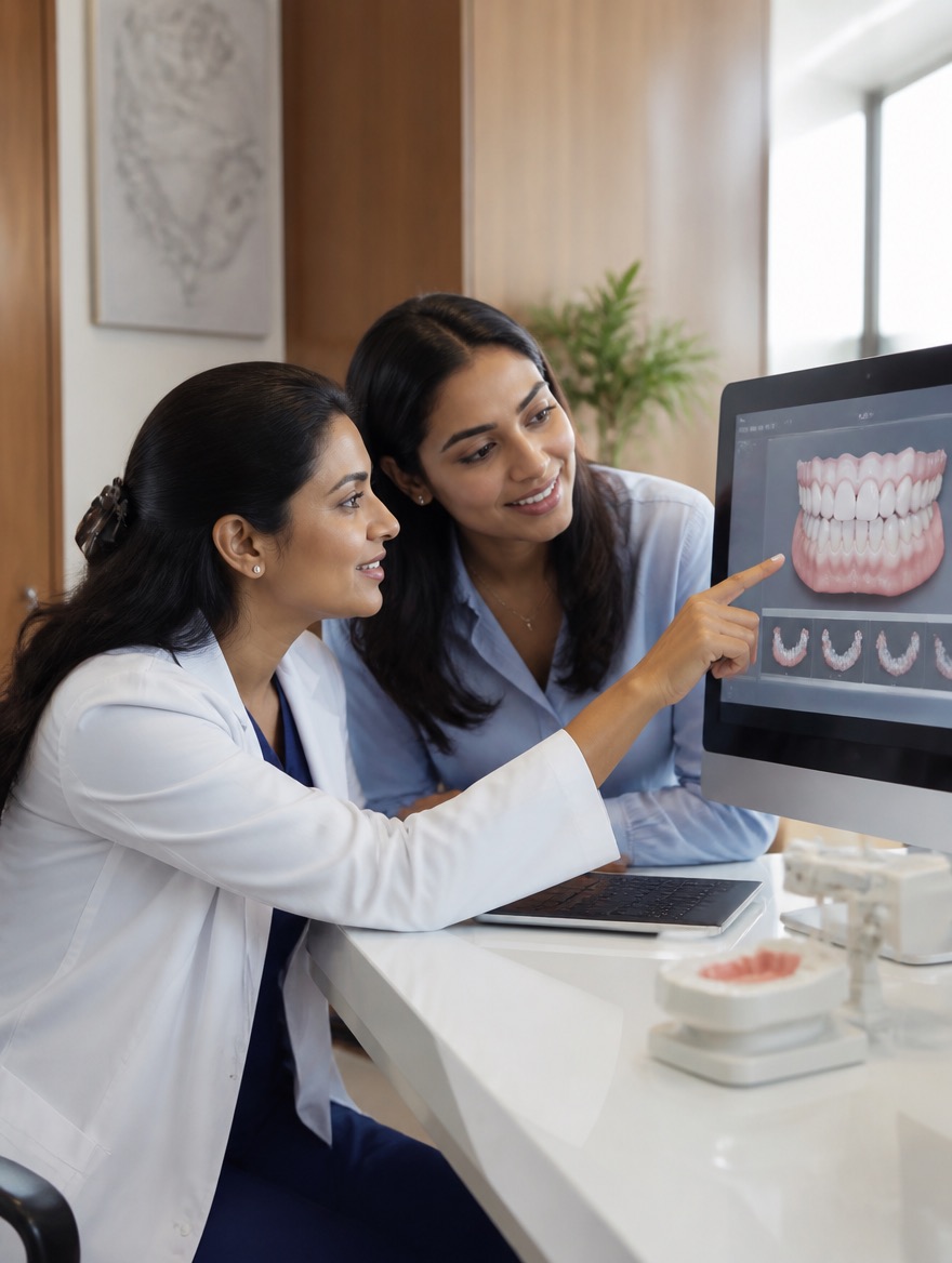An orthodontist and a patient reviewing her 3D treatment plan together on the clinic monitor