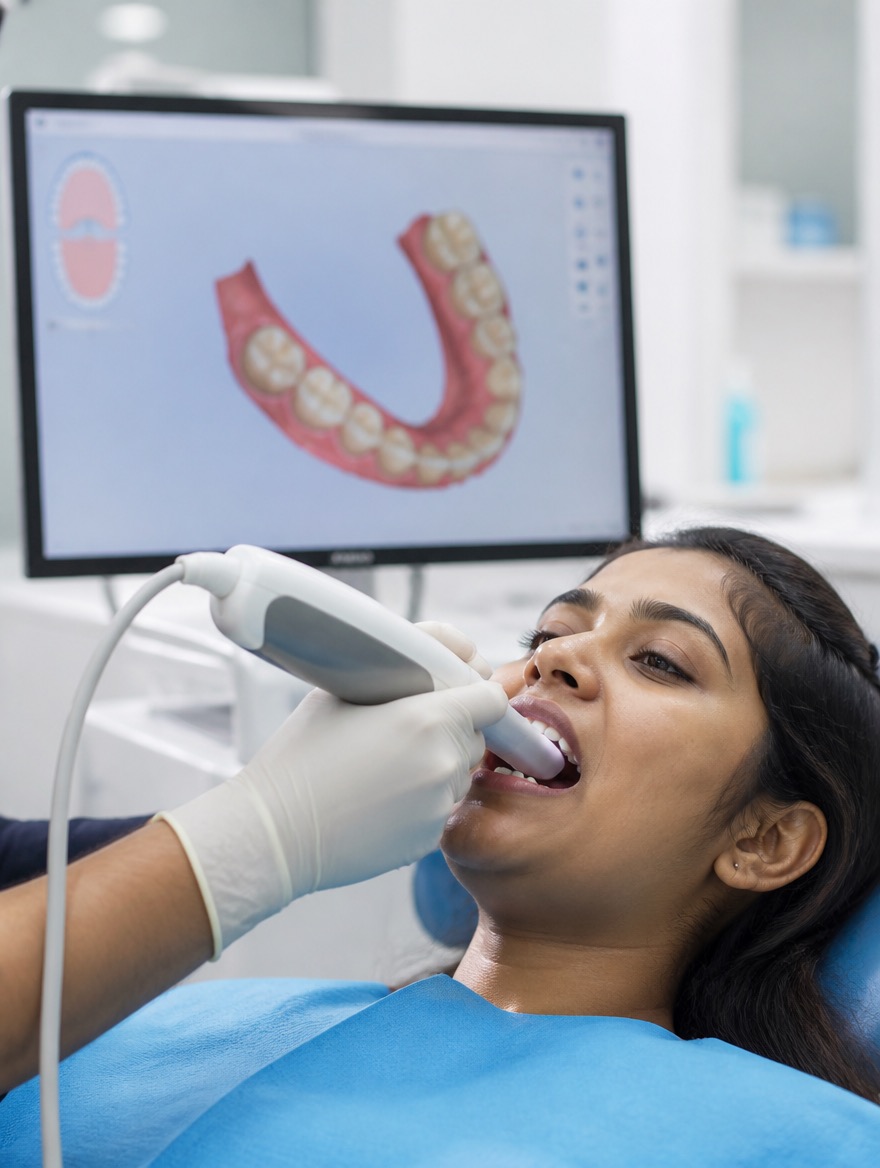 An orthodontist taking a digital intraoral scan, the 3D model of the teeth building on the screen behind