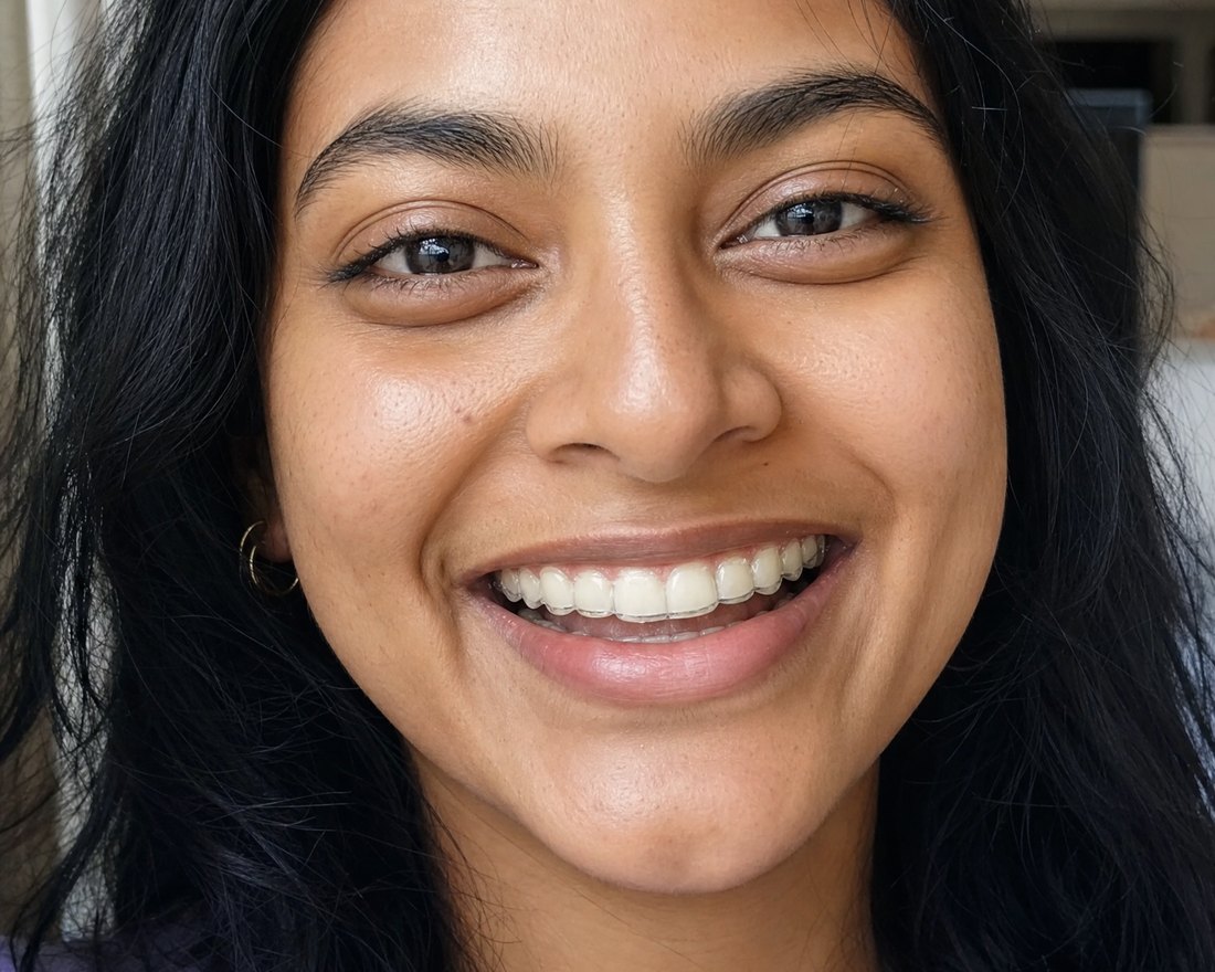 A genuine smile with a clear aligner seated on the upper teeth, the edge just visible along the gum line