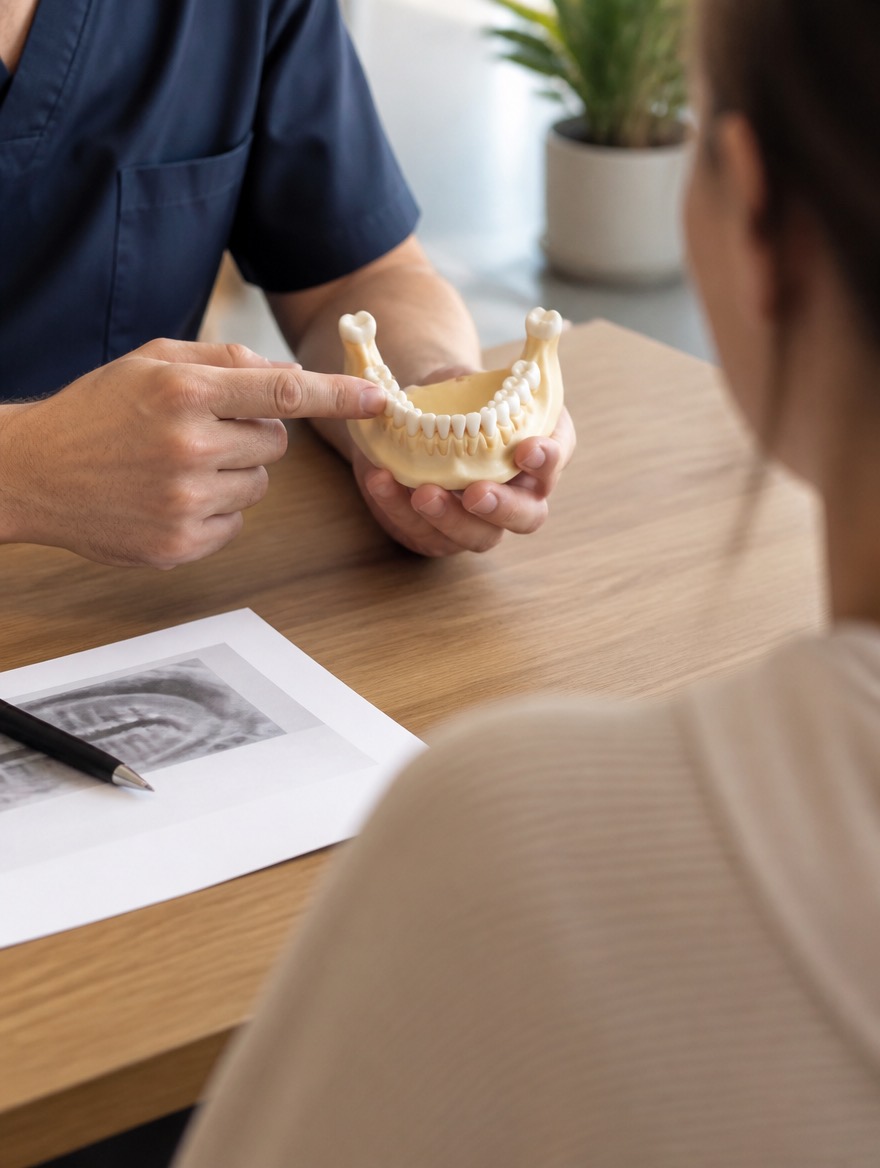 A dentist holding an anatomical jaw model and pointing to a tooth position while explaining to a patient across a consultation desk