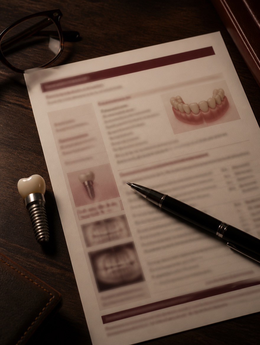 A printed dental treatment plan on a desk with a pen and a small titanium implant model beside it
